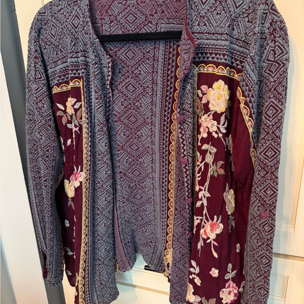 Johnny Was Burgundy and Gray Embroidered Cardigan